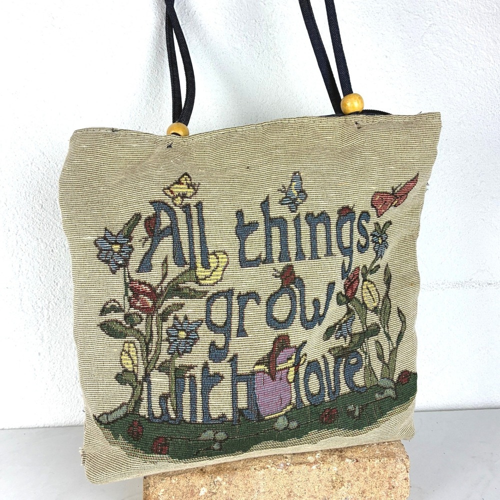 Unbranded Beige Tapestry Tote Bag - Small - Floral Garden Boho Cottagecore Woven